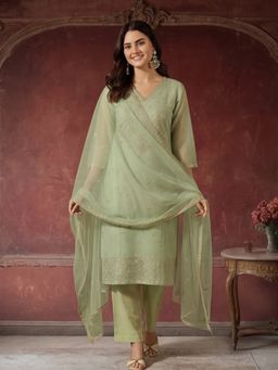 Jaipur Kurti - Women Green Embroidered Kurta Pant and Dupatta