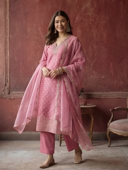 Jaipur Kurti - Women Pink Embroidered Kurta Pant and Dupatta