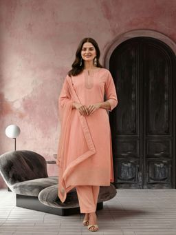 Jaipur Kurti - Women Peach Embroidered Kurta Pant and Dupatta