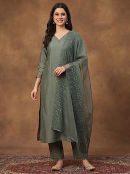 Jaipur Kurti - Women Green Kurta Pant and Dupatta