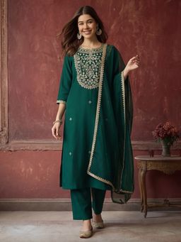 Jaipur Kurti - Embroidered Green Silk Blend Kurta Pant and Dupatta