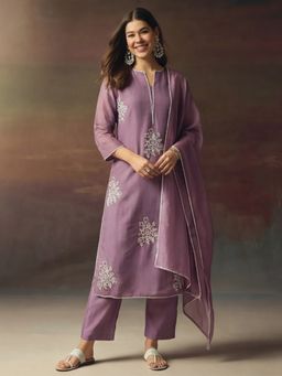 Jaipur Kurti - Embroidered Purple Chanderi Cotton Kurta Pant and Dupatta