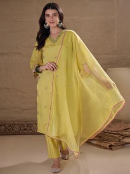 Jaipur Kurti - Embroidered Yellow Chanderi Cotton Kurta Pant and Dupatta
