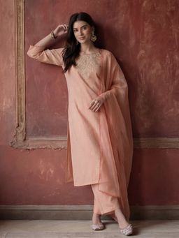 Jaipur Kurti - Embroidered Peach Silk Blend Kurta Pant and Dupatta
