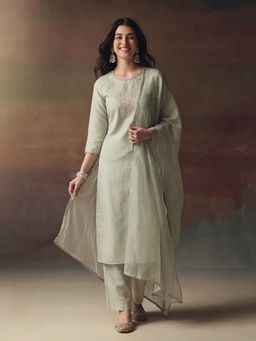 Jaipur Kurti - Embroidered Green Silk Blend Kurta Pant and Dupatta