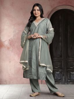 Jaipur Kurti - Women Olive Embroidered Kurta Pant and Dupatta