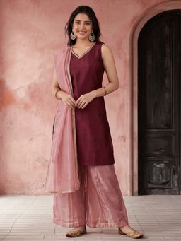 Jaipur Kurti - Women Maroon Gota Patti Kurta Palazzo and Dupatta