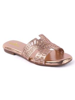 Aroom - Peach Women Ethnic Party Wear Flats Embellished Stonework Slides
