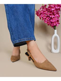 JM Looks - Tan Glossy Pointed Toe Kitten Heel Slingback for Women