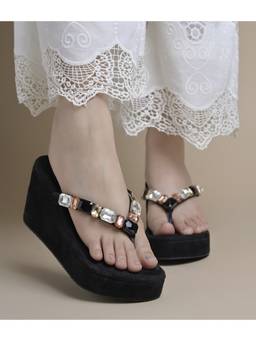 JM Looks - Black Gem Embellished Wedge for Women