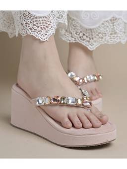 JM Looks - Pink Gem Embellished Wedge for Women