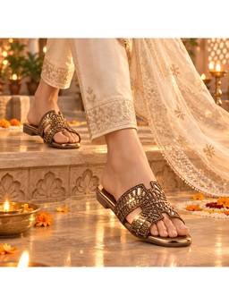 VYSTIQ - Copper Women Ethnic Party Wear Flat Embellished Stonework Slides