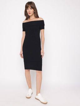 Guess - Women Black Textured Knee Length Dress