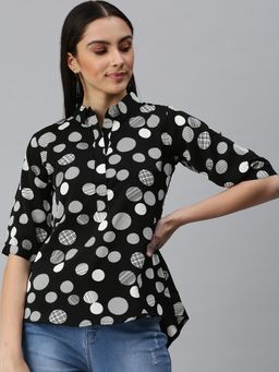 SHOWOFFFF - Women Collar Neck Half Sleeves Printed Black Top