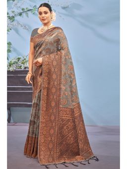 EXCLUSIVA - Grey Cotton Banarasi Saree with Unstitched Blouse