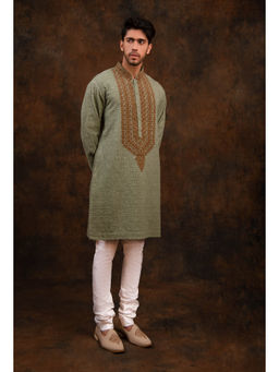 CHAR CHAAND - Granite Green Elegance Embroidered Kurta for Men