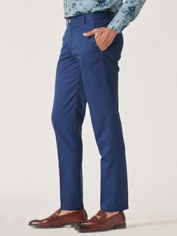 MR BUTTON - Men Blue Polyviscose Mid Waist Trouser