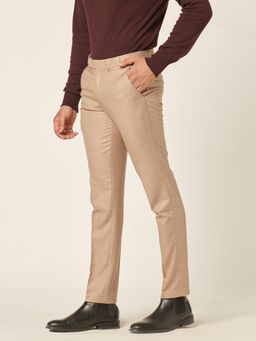 MR BUTTON - Men Beige Lycra Mid Waist Trouser