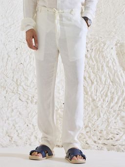 MR BUTTON - Men White Cotton Linen Mid Waist Trouser