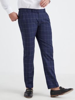 MR BUTTON - Men Navy Blue Polyviscose Mid Waist Trouser