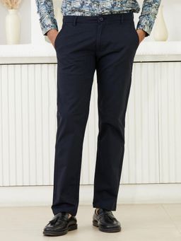 MR BUTTON - Men Navy Blue Cotton Mid Waist Trouser