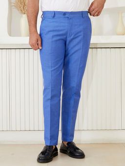 MR BUTTON - Men Blue Linen Blend Mid Waist Trouser