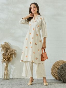 MOKOSH - Women Off-White Cotton Star Embroidered Kurta and Palazzo Set