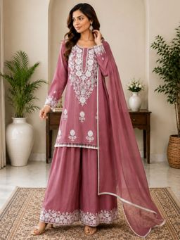 HOUSE OF JAMOTI - Duty Pink Embroidered Kurta with Palazzo and Dupatta