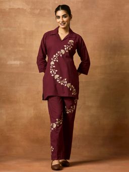 Women Plus - Women Maroon Pure Cotton Co-Ord Set
