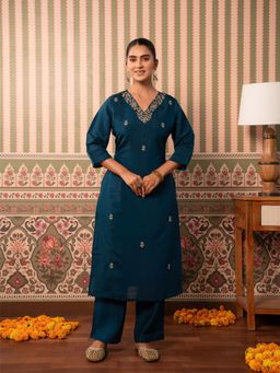 ARAMYA - Women Blue Chanderi Kurta with Pants