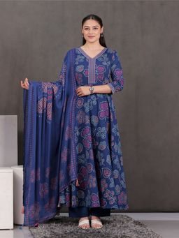 ARAMYA - Women Blue Cotton Anarkali Kurta with Pant and Dupatta