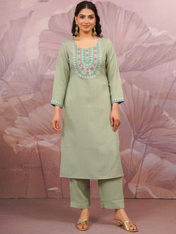 ARAMYA - Women Olive Silk Blend Kurta with Pants