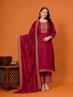 ARAMYA - Women Maroon Chanderi Kurta with Pant and Dupatta