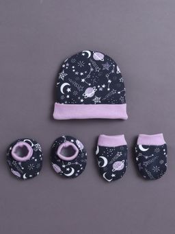 Bumzee - Navy Blue Girls Cotton Cap Mitten and Bootie Set