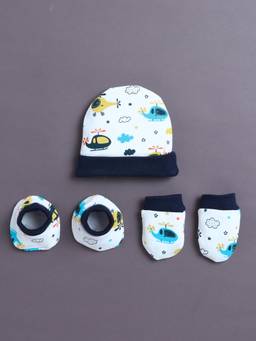 Bumzee - White Boys Cotton Cap Mitten and Bootie Set