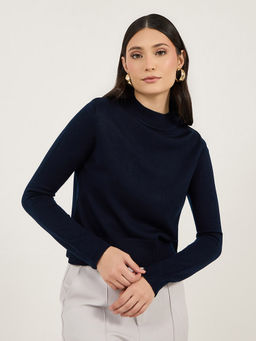 Styli - Women Round Neck Navy Blue Fitted Sweater