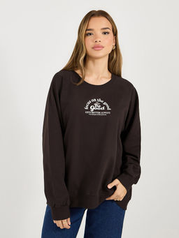 Styli - Women Regular Fit Full Sleeves Printed Brown Sweatshirt