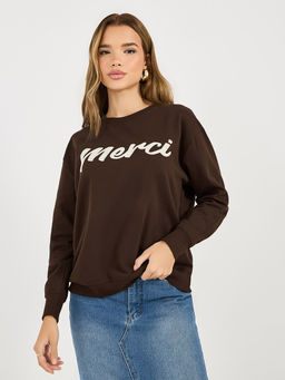 Styli - Women Regular Fit Flock Printed Brown Sweatshirt