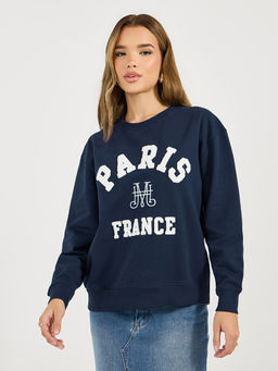 Styli - Women Regular Fit Paris Embroidered Blue Sweatshirt