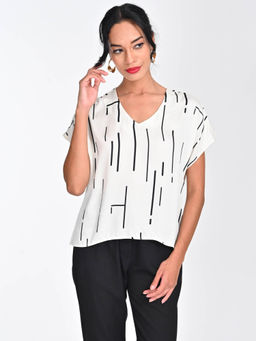 Saltpetre - Women Modal White Cedar Print V-Neck Short Dolman Sleeves Top