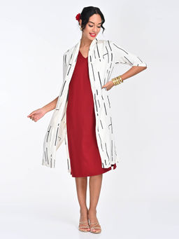 Saltpetre - Women White Cedar Print Draped Neck Shrug With Maroon Midi Dress (Set of 2)