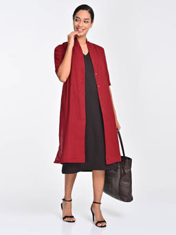 Saltpetre - Women Maroon Solid Draped Neck Shrug With Coffee Midi Dress (Set of 2)