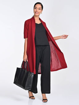 Saltpetre - Women Maroon Draped Neck Shrug With Black Top And Pant (Set of 3)