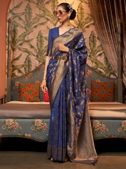 Akhilam - Womens Silk Blend Navy Blue Woven Design Designer Saree with Unstitched Blouse