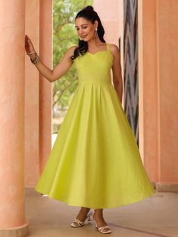 Rain & Rainbow - Women Green Solid Fit and Flare Pure Cotton Midi Dress