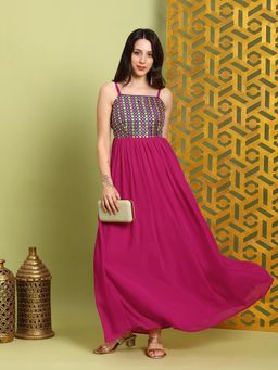Globus - Women Pink Shoulder Straps Embroidered Fit and Flare Maxi Dress