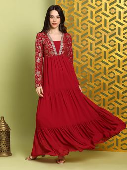Globus - Women Red Embroidered Fit and Flare Maxi Dress