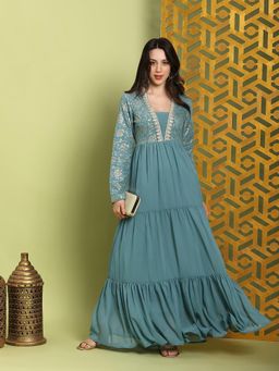 Globus - Women Green Embroidered Fit and Flare Maxi Dress