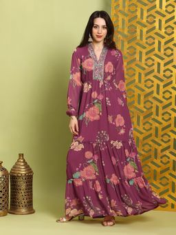 Globus - Women Purple Embroidered Fit and Flare Maxi Dress