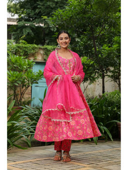 Jaipur Morni - Pink Printed Anarkali Kurta with Pant & Dupatta (Set of 3)